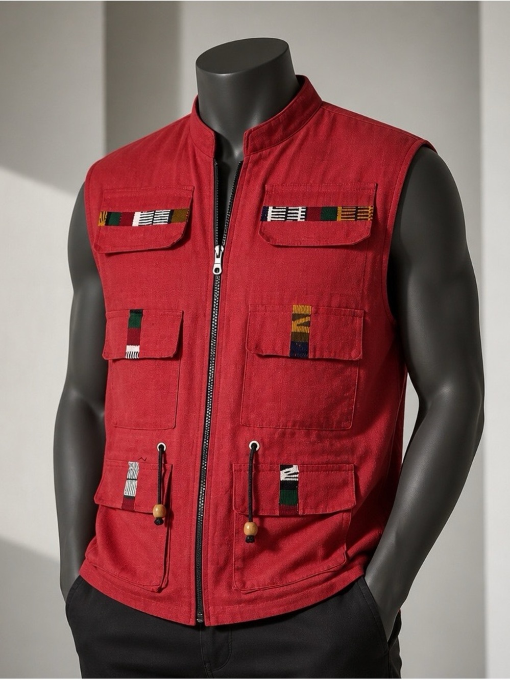 Men's Red Utility Zip Vest with Patterned Accents